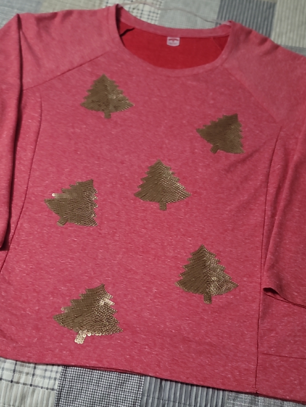 3/$20 Holiday Time Red Sweatshirt with Gold Sequin Trees
